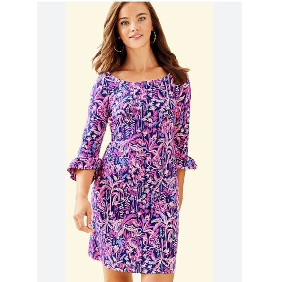 NWOT Lilly Pulitzer Sophie Dress Small – Blue Monkey Tropical Print –Ruffle Trim - Picture 1 of 9